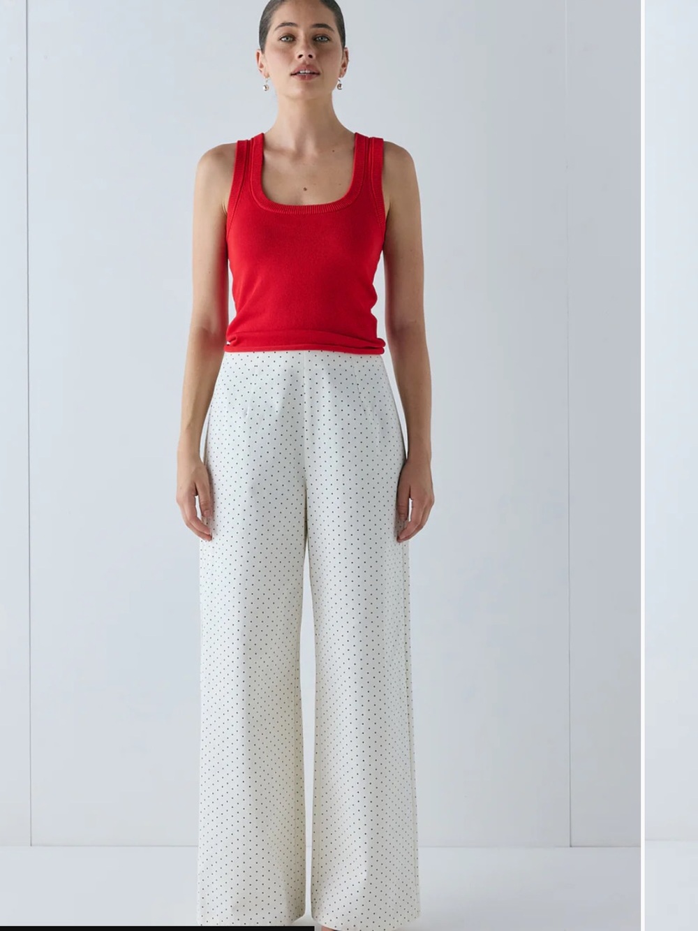 VRG GRL Rosalie Polka Dot Wide-Leg Pants — White with Black Dots